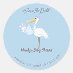 Baby Boy Ooievaar Konijn Save the Date Ronde Sticker