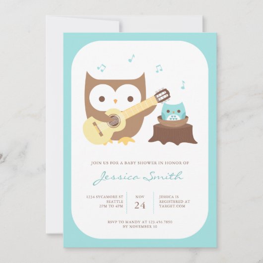 Baby Boy Owl Guitare Baby shower Invitation (Devant)