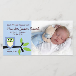 Baby Boy Owl Theme Geboortedatum Foto Kaart