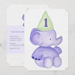 Baby Boy Paarse Elephant 1st Birthday Party Invite Kaart