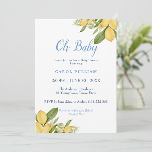 Baby Boy Positano Lemons Blue Pattern Baby shower Kaart (Staand voorkant)