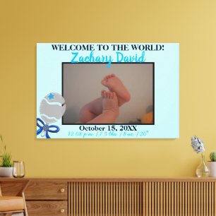 Baby Boy Rattle foto geboorte statistieken 36 "x 2 Canvas Afdruk