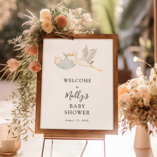 Baby Boy Sage Green Stork Baby shower Welkom Poster