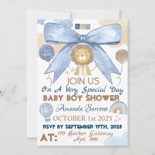 Baby Boy Shower Cute Lion Uitnodiging (Voorkant)