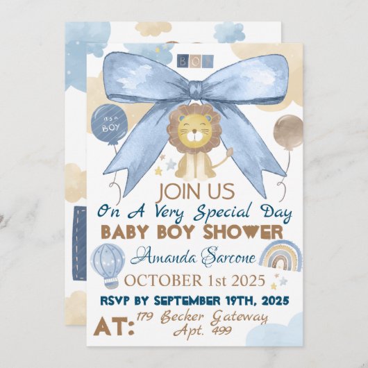 Baby Boy Shower Cute Lion Uitnodiging (Voorkant / Achterkant)