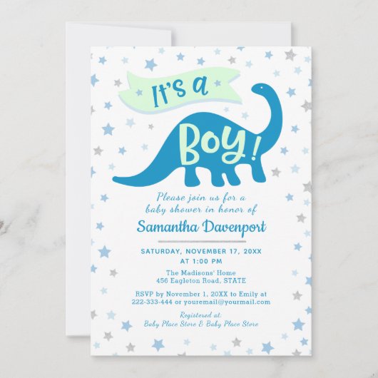 Baby Boy Shower Dinosaur Blue Theme Het is een jon Kaart (Voorkant)