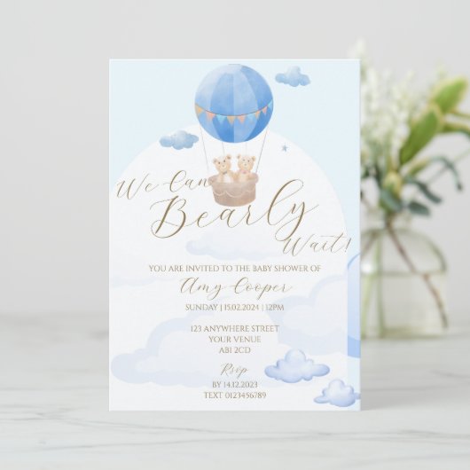 Baby Boy Shower Invitation Blue Bear Thème (Debout devant)