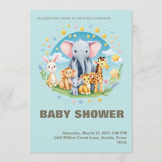 Baby Boy Shower Invitation Cartoon Animals (Devant)