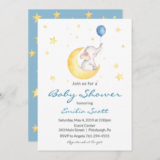 Baby Boy Star Elephant Baby Shower Invitations (Devant / Derrière)