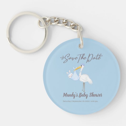 Baby Boy Stork Blue Shower Save the Date Sleutelhanger (Voorkant)