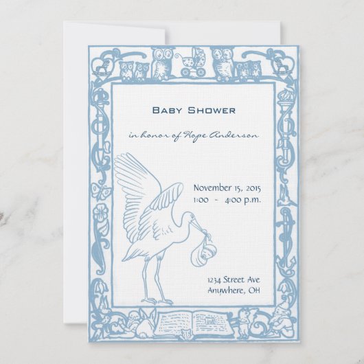 Baby Boy Stork & Owl Border Douche Faire-part (Devant)