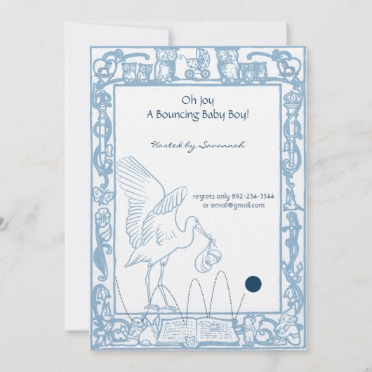 Baby Boy Stork & Owl Border Douche Faire-part (Dos)