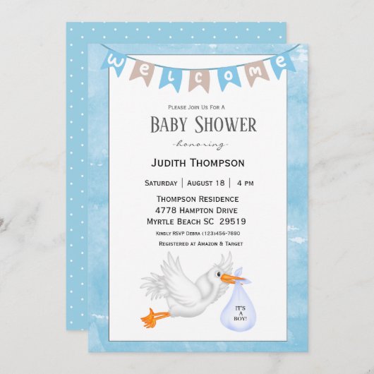 Baby Boy Stork Shower Invitations (Devant / Derrière)