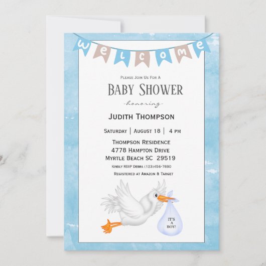 Baby Boy Stork Shower Invitations Kaart (Voorkant)