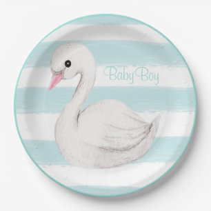 Baby Boy Swan Blue Script Baby shower Papieren Bordje