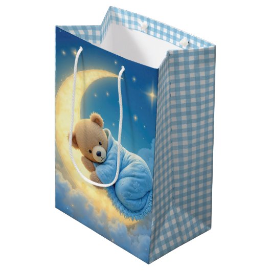 Baby Boy Teddybeer op een maan Medium Cadeauzakje (Voorkant Gekanteld)