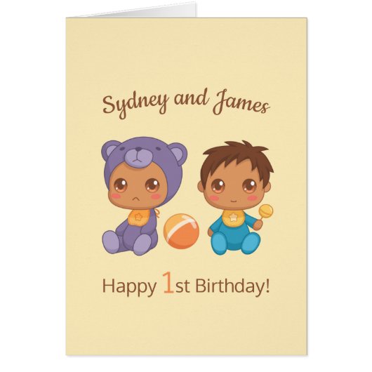 Baby Boy Twins First Birthday Names 3 Card (Devant)
