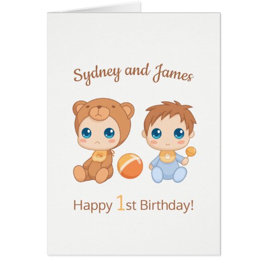 Baby Boy Twins First Birthday Names Card (Devant)