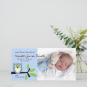 Baby Boy Uil Theme Geboorteaankondiging Fotokaart Aankondiging (Staand voorkant)