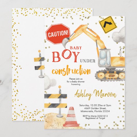 Baby Boy under Construction Baby shower Invitation Kaart (Voorkant / Achterkant)