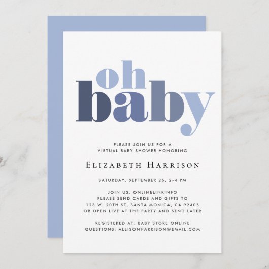 Baby Boy Virtual Shower Blue Typografie Kaart (Voorkant / Achterkant)
