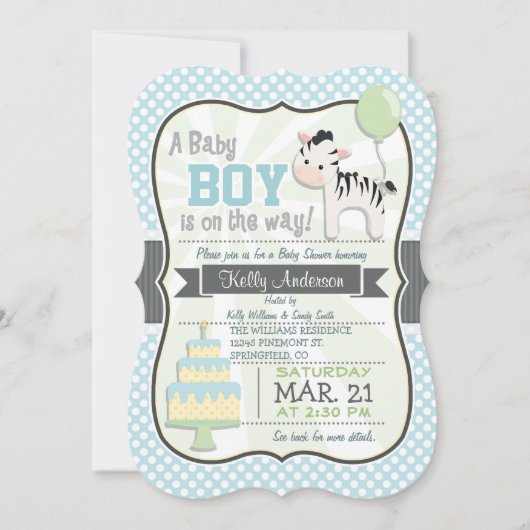 Baby Boy Zebra, Invitation Baby shower Pastel (Devant)