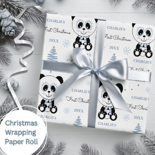 Baby Boys First Christmas Panda Beer Blauw Cadeaupapier
