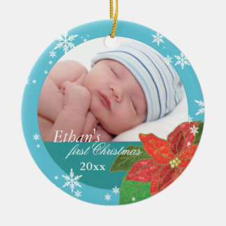 Baby Boy's First Kerstmis Blauwgroen Fotoversients Keramisch Ornament