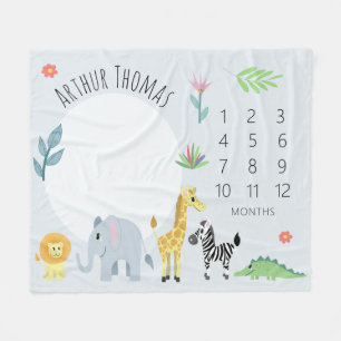 Baby Boys Schattige Blauw Oerwoud Safari Milestone Fleece Deken