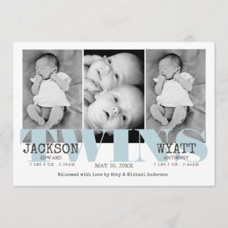 Baby Boys Twins Belle Faire-part de naissance Bleu