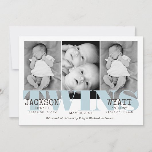 Baby Boys Twins Belle Faire-part de naissance Bleu (Devant)