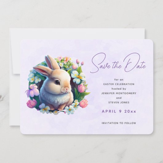 Baby Bunny in de Veerbloemen sparen de Datum Save The Date (Voorkant)