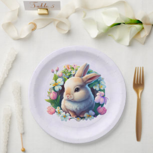 Baby Bunny onder Colorful Spring Flowers Pasen Papieren Bordje