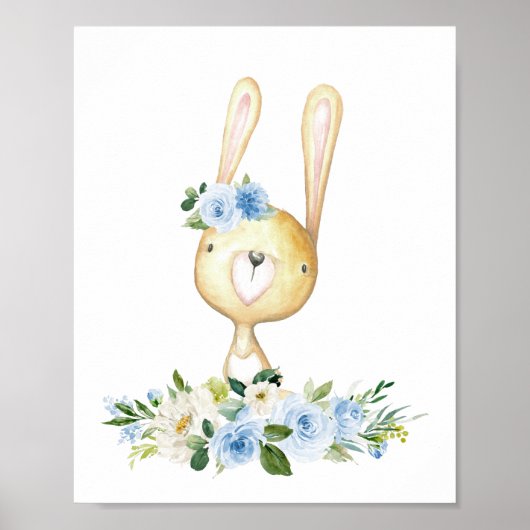 Baby Bunny, Woodland Animals, Boho, Blue Flowers Poster (Voorkant)