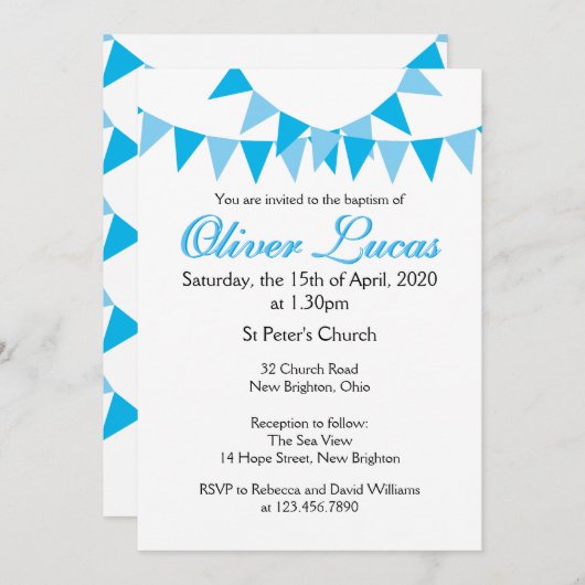 Baby Bunting Baptême Bleu Christening Invitation (Devant / Derrière)