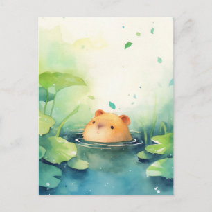 Baby Capybara die uit een rustig groene waterlelie Briefkaart