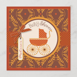 Baby Carriage Autumn Damask Print Girl Baby shower Kaart