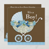 Baby Carriage Brown Blue Baby Boy Shower Kaart (Voorkant / Achterkant)
