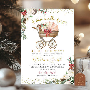 Baby Carriage Floral Christmas Baby shower Kaart