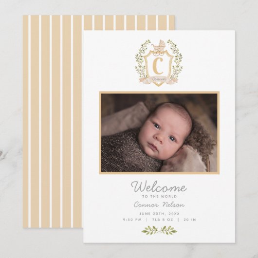 Baby Carriage Monogram C | Neutrale geboorte Aankondiging (Voorkant / Achterkant)