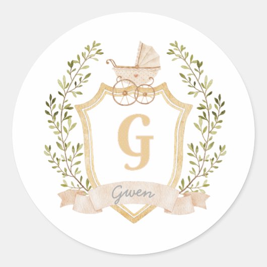 Baby Carriage Monogram G | Neutraal Ronde Sticker (Voorkant)