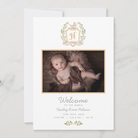 Baby Carriage Monogram H | Neutrale geboorte Aankondiging (Voorkant)