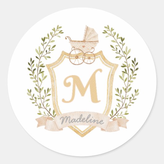 Baby Carriage Monogram M | Neutraal Ronde Sticker (Voorkant)