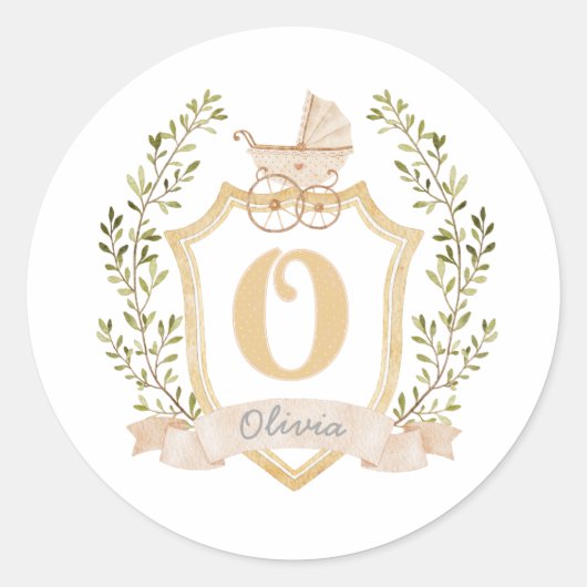 Baby Carriage Monogram O | Neutraal Ronde Sticker (Voorkant)