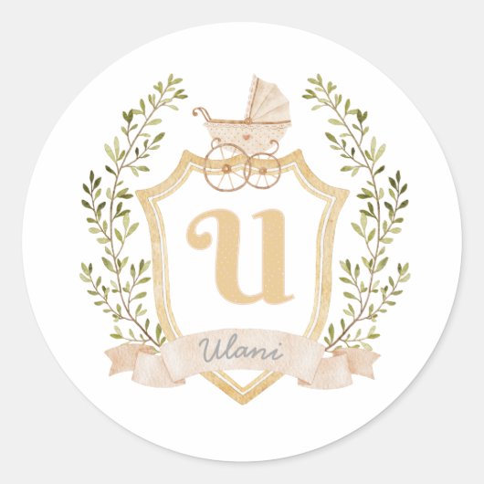 Baby Carriage Monogram U | Neutraal Ronde Sticker (Voorkant)
