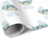  Baby Carriage Schattige Blauw Bloempatroon Cadeaupapier (Rol Hoek)