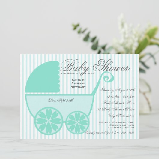 Baby Carriage Shower Turquoise en grijs Kaart (Staand voorkant)