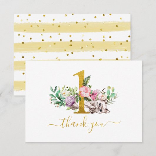 Baby Cat et fleurs 1er anniversaire Merci (Devant / Derrière)
