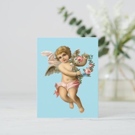 Baby Cherub met bloemen Briefkaart (Staand voorkant)