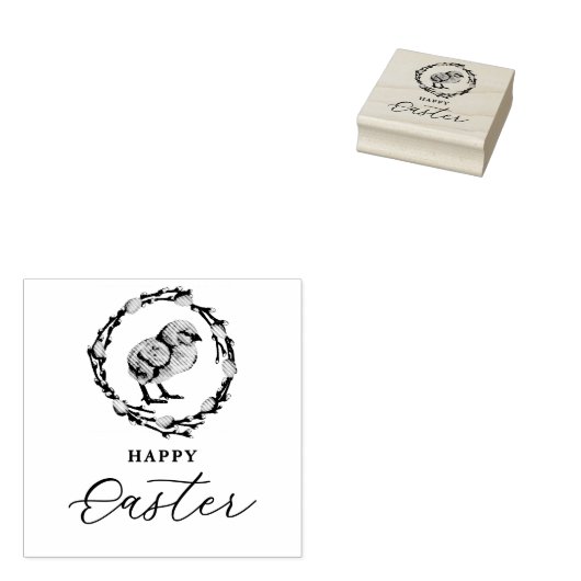Baby Chick Inside Willow Wreath Happy Easter Rubberstempel (Gestempeld)